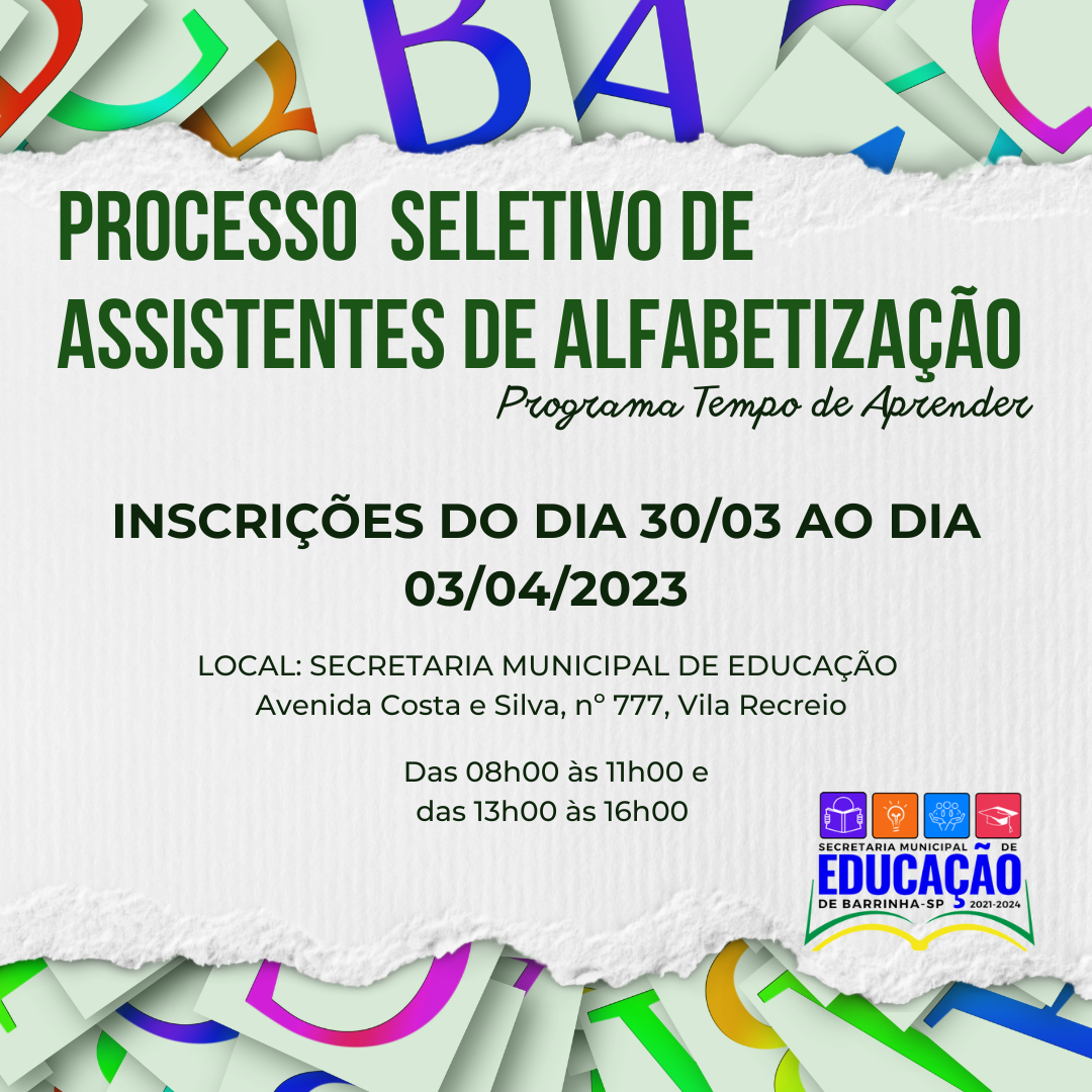 Read more about the article Edital nº 01/2023 – Processo seletivo simplificado de Assistentes de  Alfabetização para atuarem no Programa Tempo de Aprender